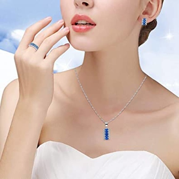 Sapphire Crystal Necklace Earring Ring Set CZ Cubic Rhinestone Necklace Ring Ear - Picture 2 of 8